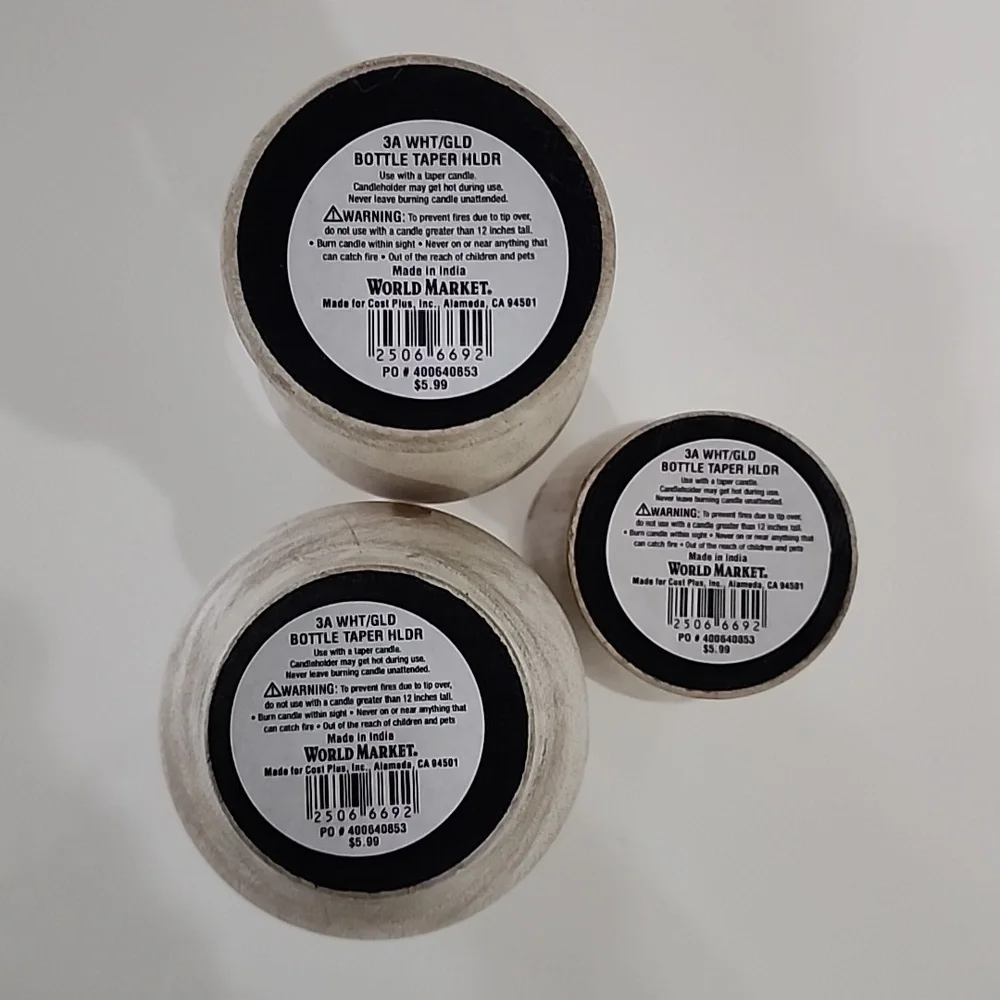 World Market Whitewash And Gold Bottle Taper Candle Holders NWT - Picture 3 of 7